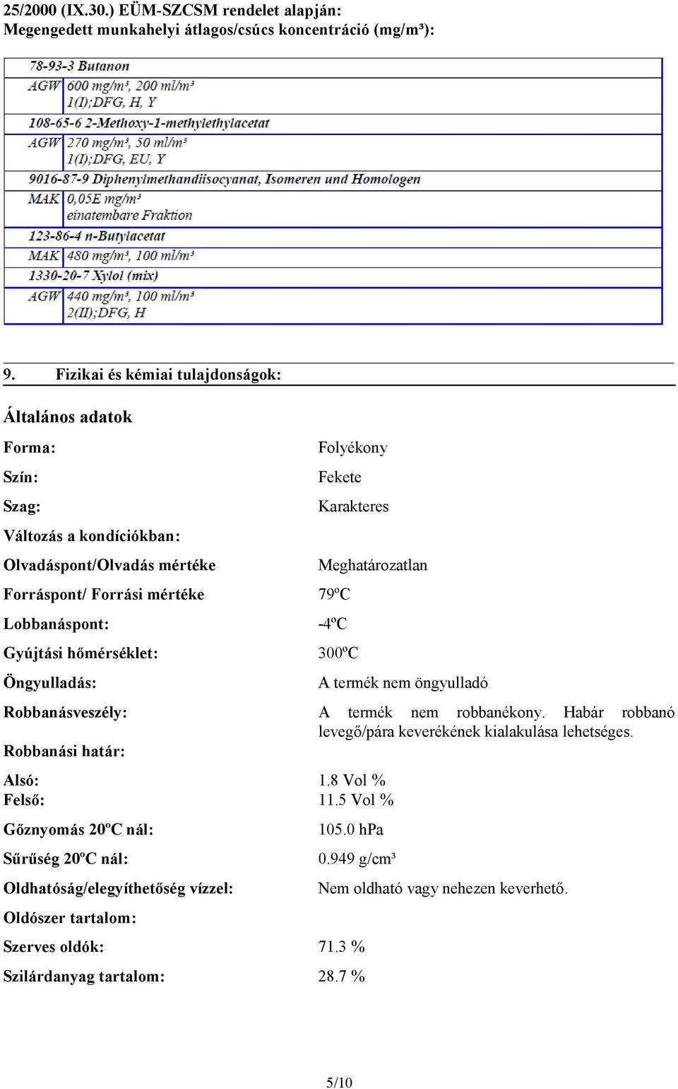 Karakteres Meghatározatlan -4ºC Gyújtási hőmérséklet: 300ºC Öngyulladás: Robbanásveszély: Robbanási határ: Alsó: 1.8 Vol % Felső: 11.