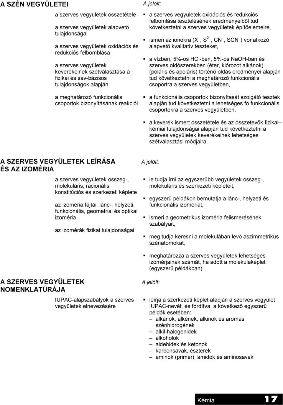 következtetni a szerves vegyületek építőelemeire, Sismeri az ionokra (X, S 2, CN, SCN ) vonatkozó alapvető kvalitatív teszteket, Sa vízben, 5%-os HCl-ben, 5%-os NaOH-ban és szerves oldószerekben