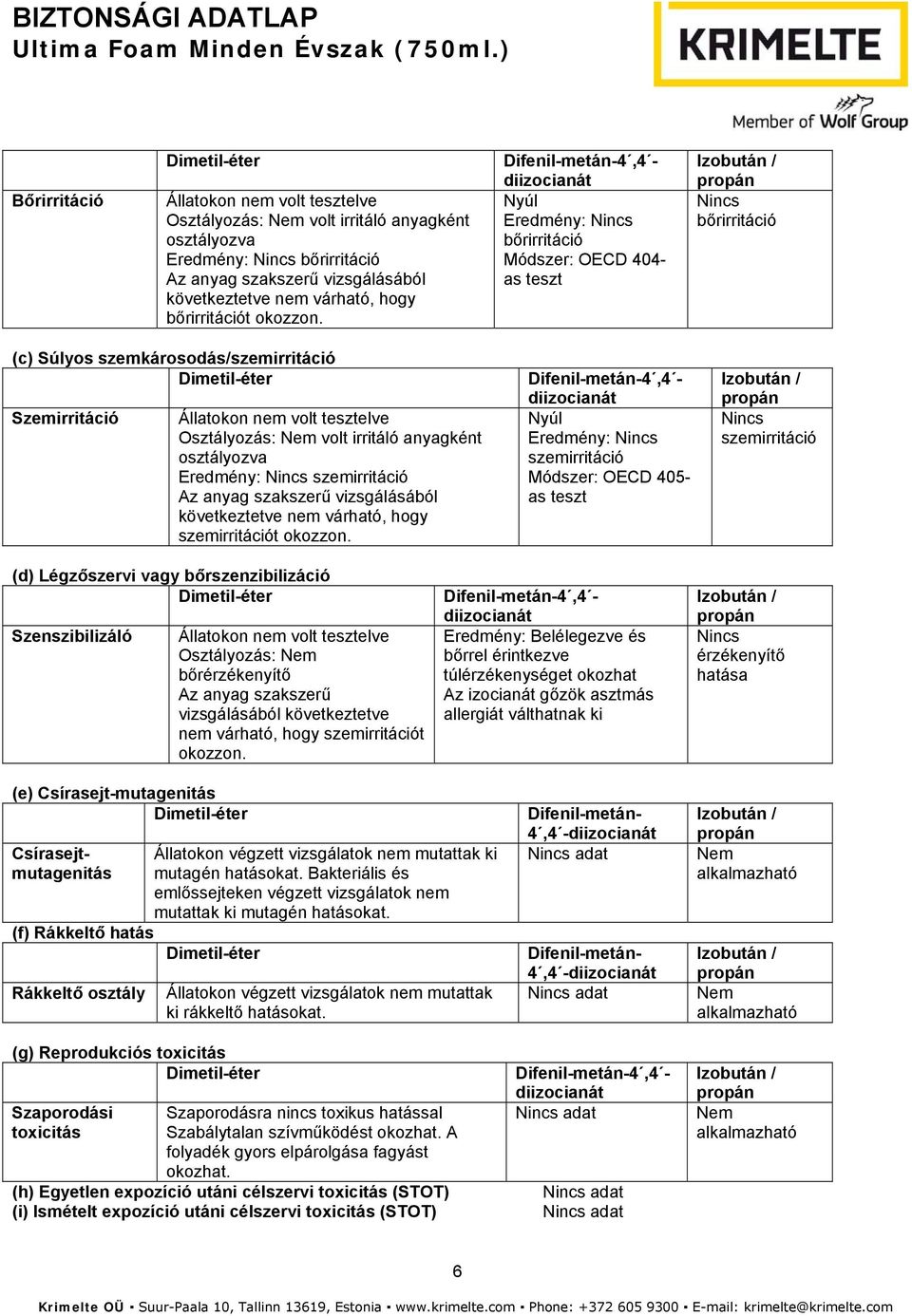 Nyúl Eredmény: Nincs bőrirritáció Módszer: OECD 404- as teszt Nincs bőrirritáció (c) Súlyos szemkárosodás/szemirritáció Szemirritáció Állatokon nem volt tesztelve Osztályozás: volt irritáló anyagként