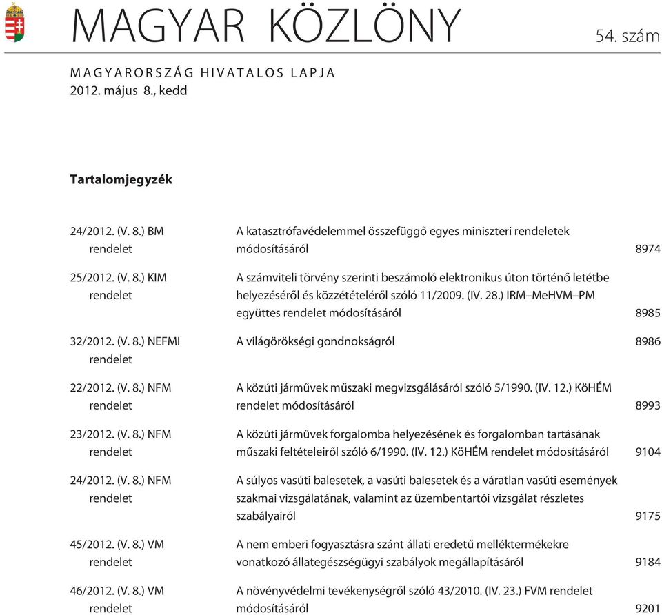 ) NFM rendelet 24/2012. ) NFM rendelet 45/2012. ) VM rendelet 46/2012.