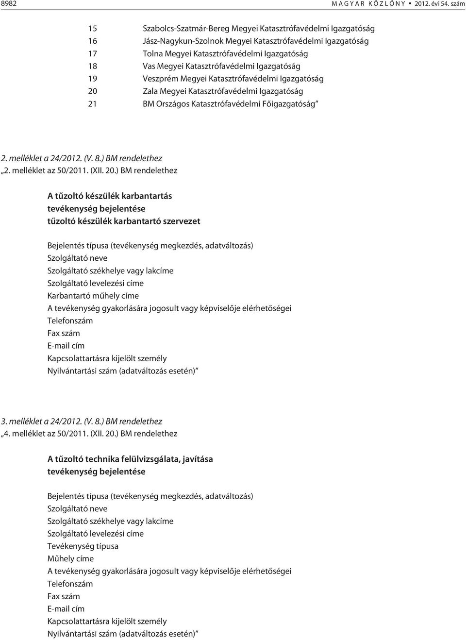 Katasztrófavédelmi Igazgatóság 19 Veszprém Megyei Katasztrófavédelmi Igazgatóság 20 Zala Megyei Katasztrófavédelmi Igazgatóság 21 BM Országos Katasztrófavédelmi Fõigazgatóság 2. melléklet a 24/2012.