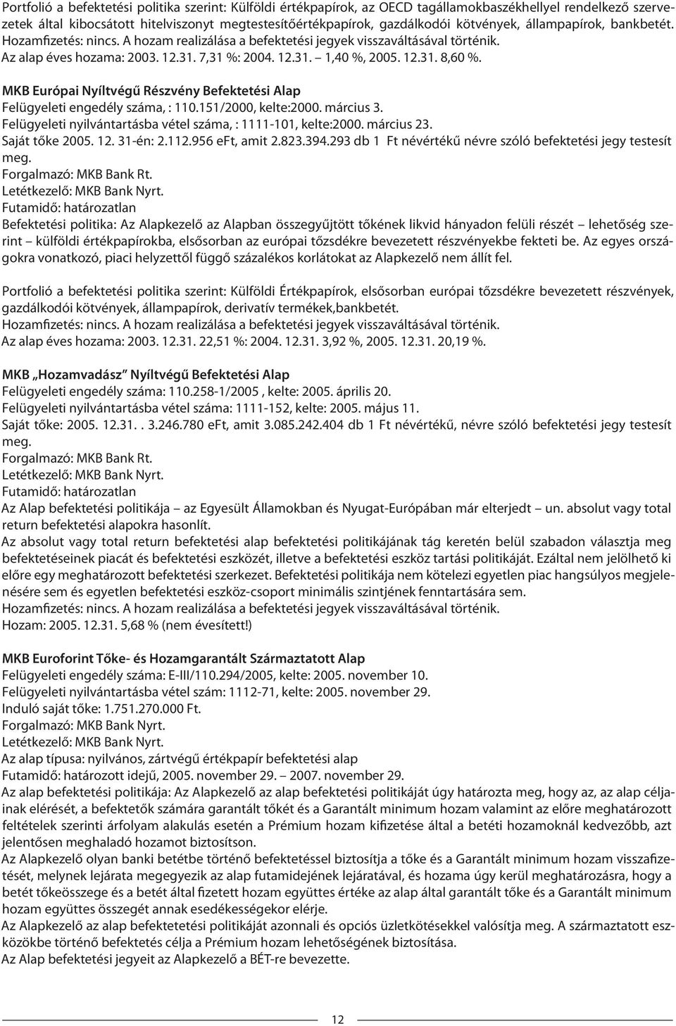 MKB Európai Nyíltvégű Részvény Befektetési Alap Felügyeleti engedély száma, : 110.151/2000, kelte:2000. március 3. Felügyeleti nyilvántartásba vétel száma, : 1111-101, kelte:2000. március 23.