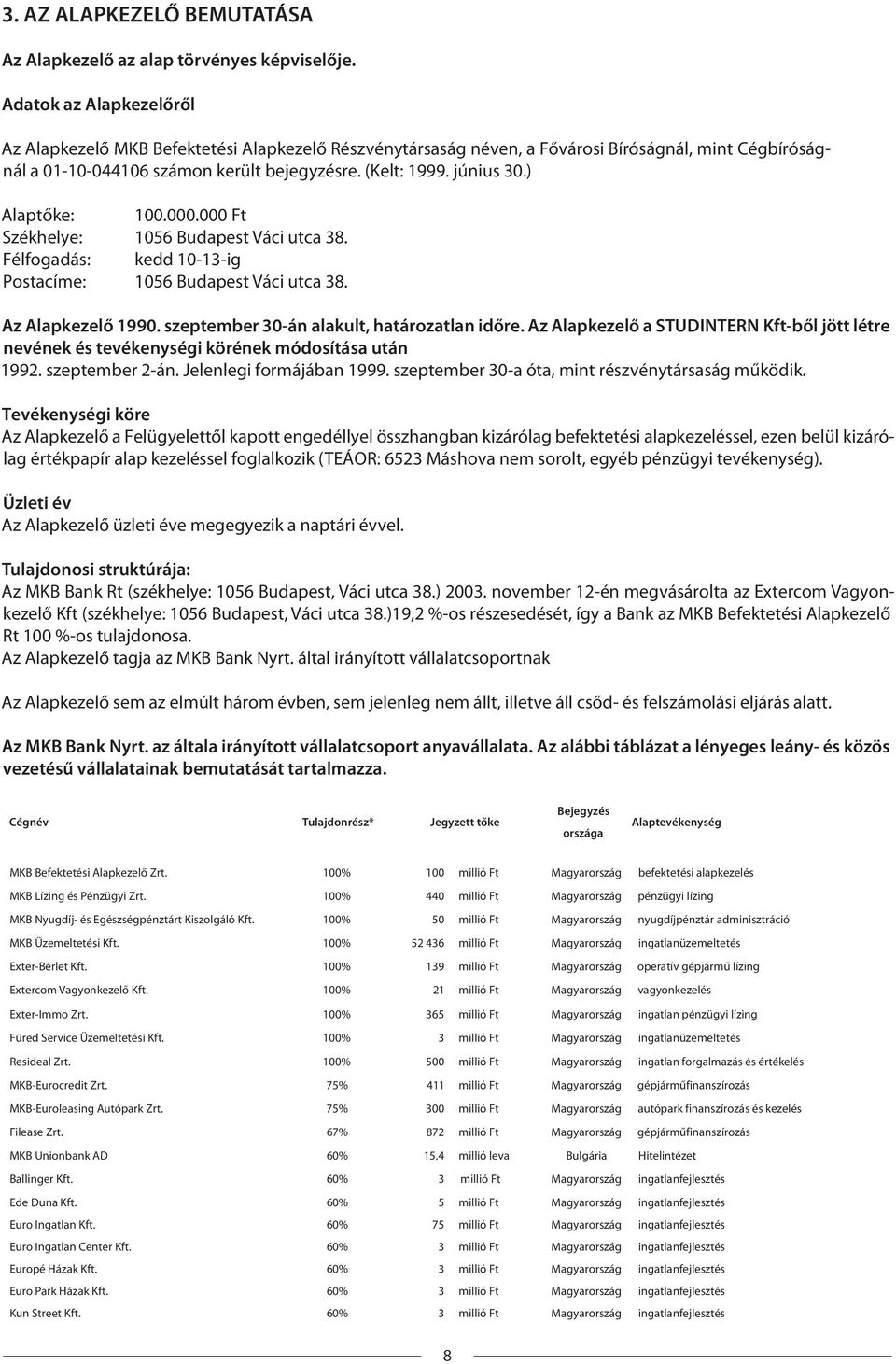 ) Alaptőke: 100.000.000 Ft Székhelye: 1056 Budapest Váci utca 38. Félfogadás: kedd 10-13-ig Postacíme: 1056 Budapest Váci utca 38. Az Alapkezelő 1990. szeptember 30-án alakult, határozatlan időre.