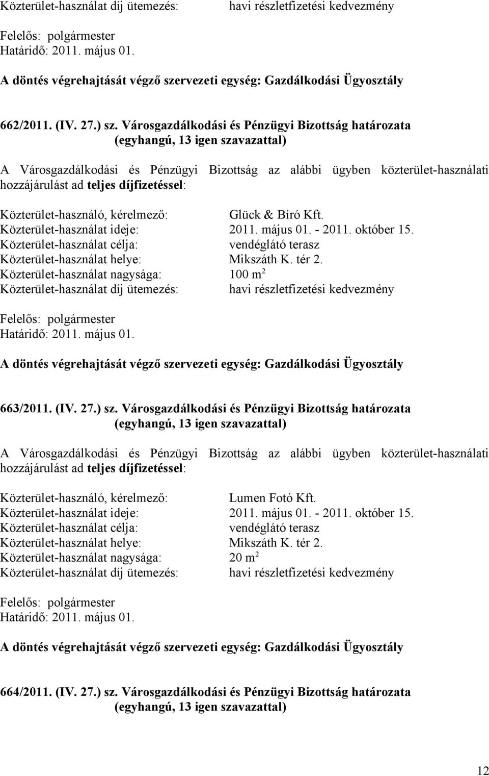 Közterület-használat helye: Mikszáth K. tér 2. Közterület-használat nagysága: 100 m 2 663/2011. (IV. 27.) sz.