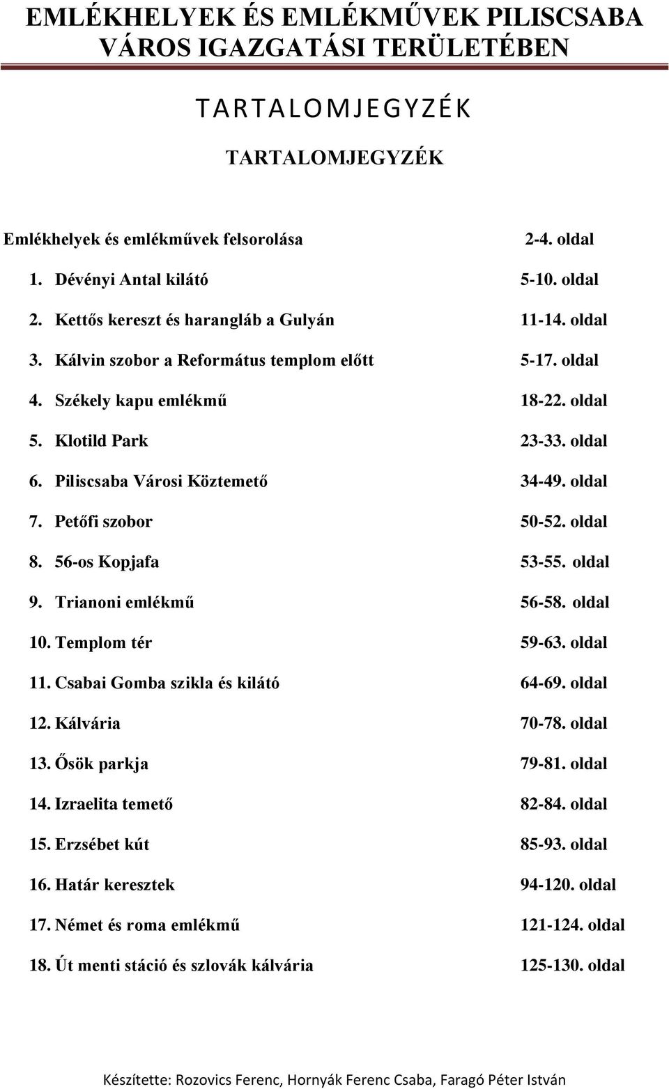 oldal 8. 56-os Kopjafa 53-55. oldal 9. Trianoni emlékmű 56-58. oldal 10. Templom tér 59-63. oldal 11. Csabai Gomba szikla és kilátó 64-69. oldal 12. Kálvária 70-78. oldal 13.