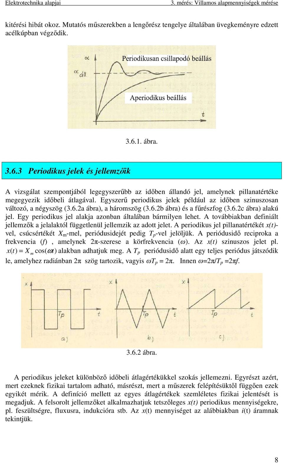 Egyszerű periodikus jelek például az időben szinuszosan változó, a négyszög (3.6.2a ábra), a hároszög (3.6.2b ábra) és a fűrészfog (3.6.2c ábra) alakú jel.