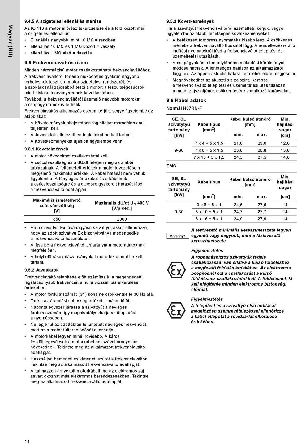 veszély ellenállás 1 MΩ alatt = riasztás. 9.5 Frekvenciaváltós üzem Minden háromfázisú motor csatlakoztatható frekvenciaváltóhoz.