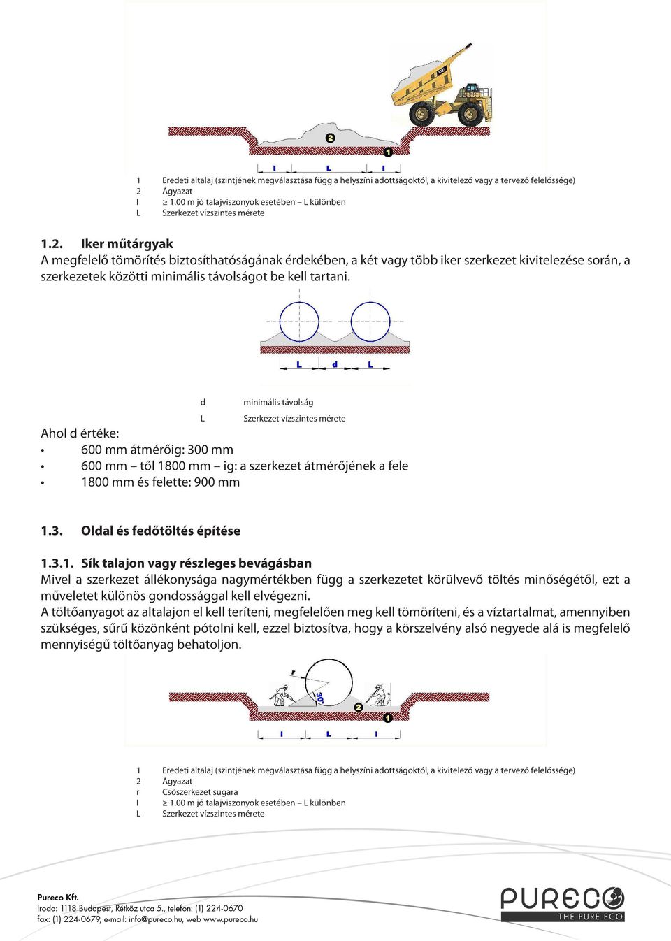 d L minimális távolság Szerkezet vízszintes mérete Ahol d értéke: 600 mm átmérőig: 300 mm 600 mm től 1800 mm ig: a szerkezet átmérőjének a fele 1800 mm és felette: 900 mm 1.3. Oldal és fedőtöltés építése 1.