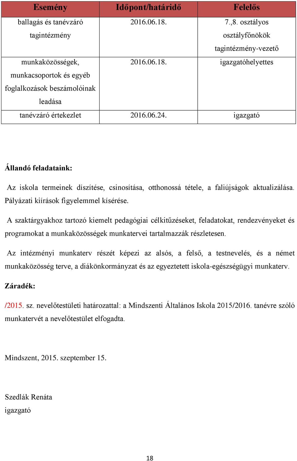 A szaktárgyakhoz tartozó kiemelt pedagógiai célkitűzéseket, feladatokat, rendezvényeket és programokat a munkaközösségek munkatervei tartalmazzák részletesen.