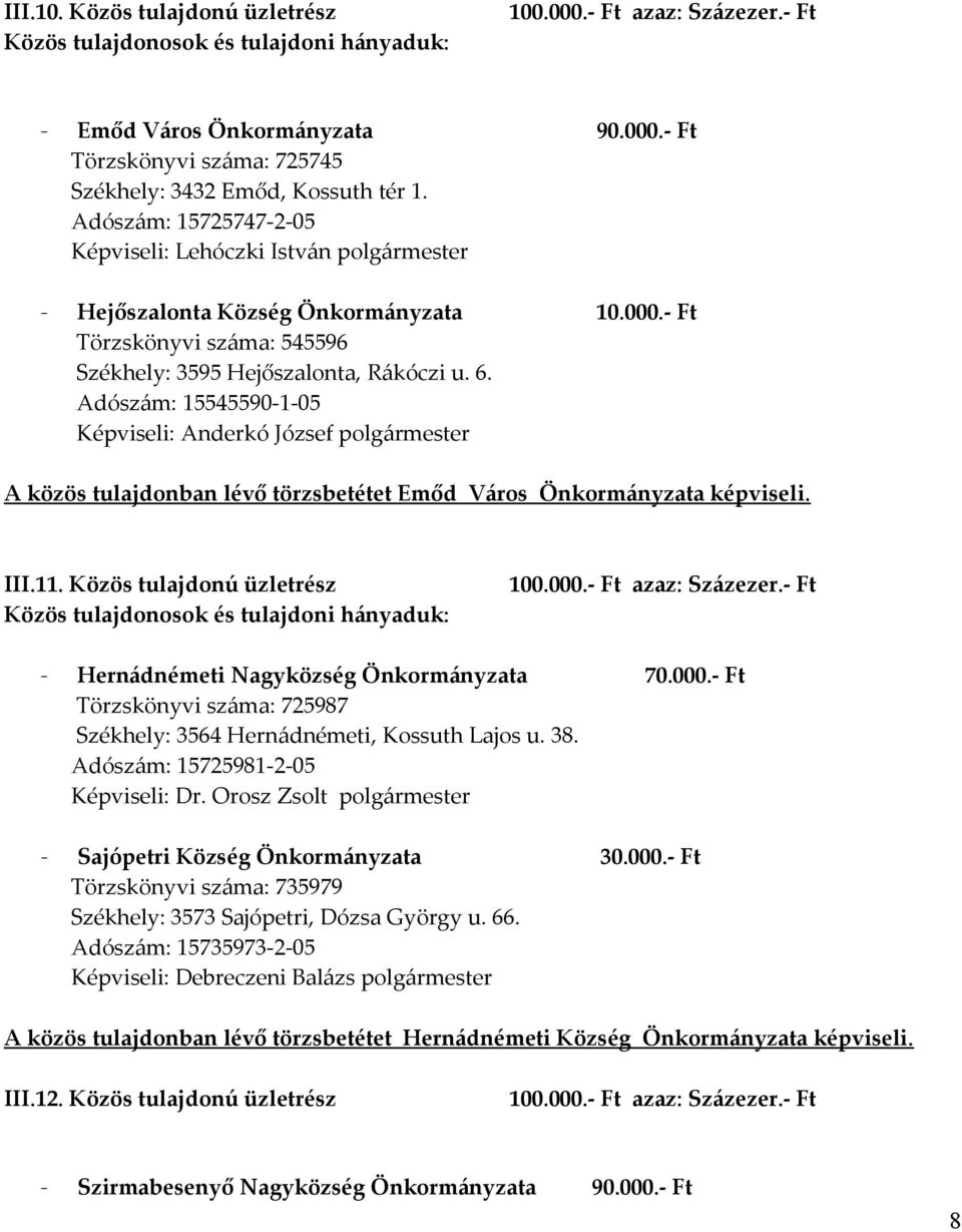 Adószám: 15545590-1-05 Képviseli: Anderkó József polgármester A közös tulajdonban lévő törzsbetétet Emőd Város Önkormányzata képviseli. III.11.