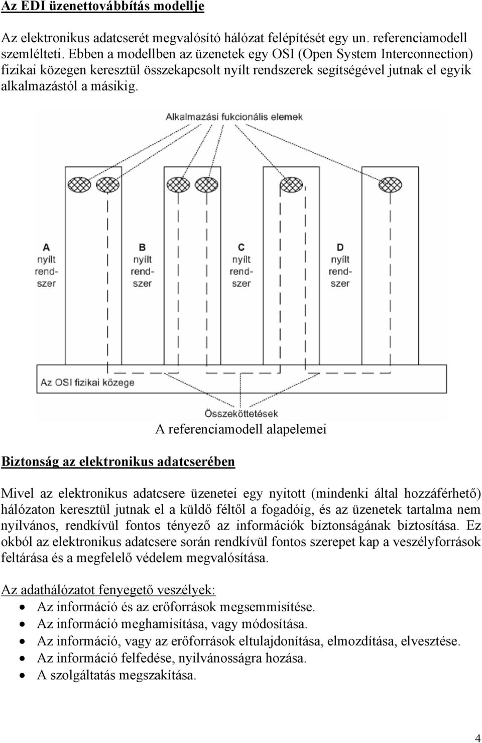 Biztonság az elektronikus adatcserében A referenciamodell alapelemei Mivel az elektronikus adatcsere üzenetei egy nyitott (mindenki által hozzáférhető) hálózaton keresztül jutnak el a küldő féltől a