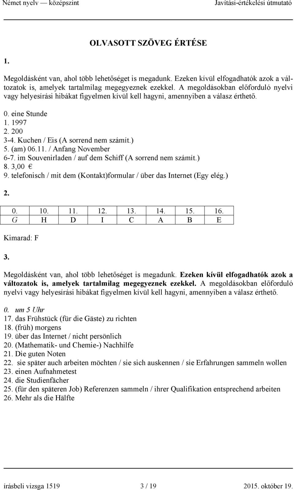 11. / Anfang November 6-7. im Souvenirladen / auf dem Schiff (A sorrend nem számít.) 8. 3,00 9. telefonisch / mit dem (Kontakt)formular / über das Internet (Egy elég.) 2. 0. 10. 11. 12. 13. 14. 15.