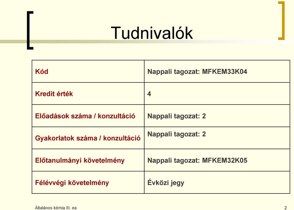 konzultáció Nappali tagozat: 2 Előtanulmányi követelmény Nappali