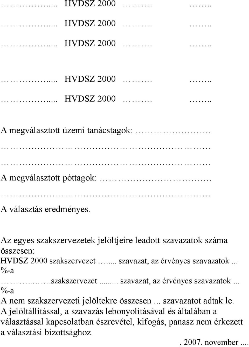 .. szavazat, az érvényes szavazatok... %-a...szakszervezet... szavazat, az érvényes szavazatok... %-a A nem szakszervezeti jelöltekre összesen.