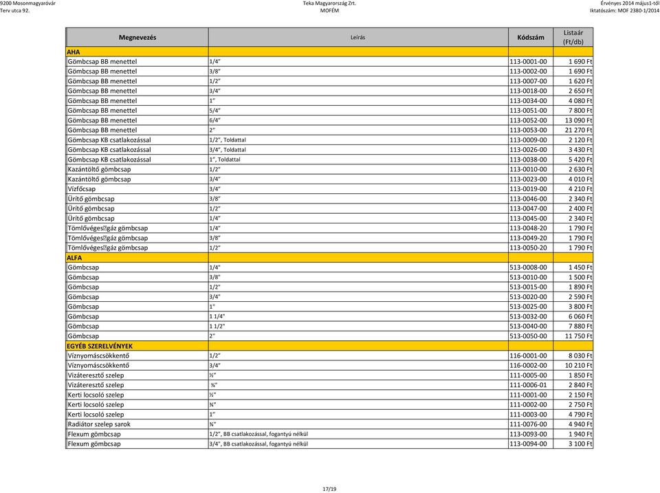 1/2, Toldattal 113-0009-00 2 120 Ft Gömbcsap KB csatlakozással 3/4, Toldattal 113-0026-00 3 430 Ft Gömbcsap KB csatlakozással 1, Toldattal 113-0038-00 5 420 Ft Kazántöltő gömbcsap 1/2 113-0010-00 2
