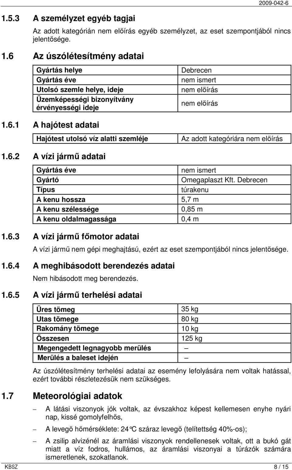 6.2 A vízi jármő adatai Gyártás éve Gyártó Típus A kenu hossza A kenu szélessége A kenu oldalmagassága Az adott kategóriára nem elıírás nem ismert Omegaplaszt Kft.