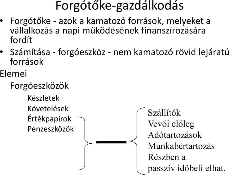 lejáratú források Elemei Forgóeszközök Készletek Követelések Értékpapírok