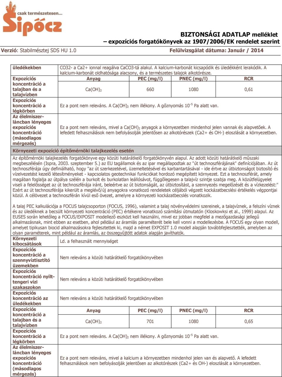 Anyag PEC (mg/l) PNEC (mg/l) RCR Ca(OH) 2 660 1080 0,61 Ez a pont nem releváns. A Ca(OH) 2 nem illékony. A gőznyomás 10 5 Pa alatt van.