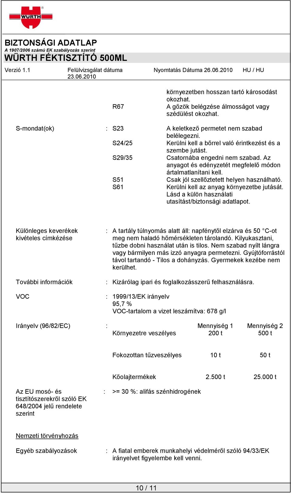 S51 S61 Csak jól szellőztetett helyen használható. Kerülni kell az anyag környezetbe jutását. Lásd a külön használati utasítást/biztonsági adatlapot.