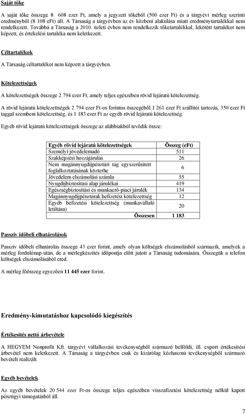 üzleti évben nem rendelkezik tőketartalékkal, lekötött tartalékot nem képzett, és értékelési tartaléka nem keletkezett. Céltartalékok A Társaság céltartalékot nem képzett a tárgyévben.