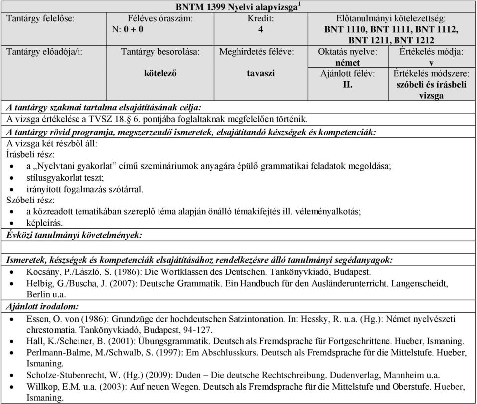 A vizsga kt rszből áll: Írásbeli rsz: a Nyelvtani gyakorlat című szemináriumok anyagára pülő grammatikai feladatok megoldása; stílusgyakorlat teszt; irányított fogalmazás szótárral.