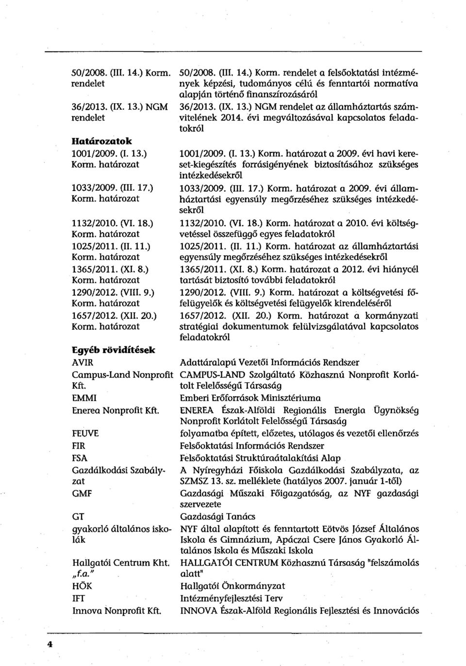 EMMI Enerea Nonprofit Kft. FEUVE FIR FSA Gazdálkodási Szabályzat GMF GT gyakorló általános iskolák Hallgatói Centrum Kht. "f.a." HÖK IFT Innova Nonprofit Kft. 50/2008. (III. 14.) Korm.