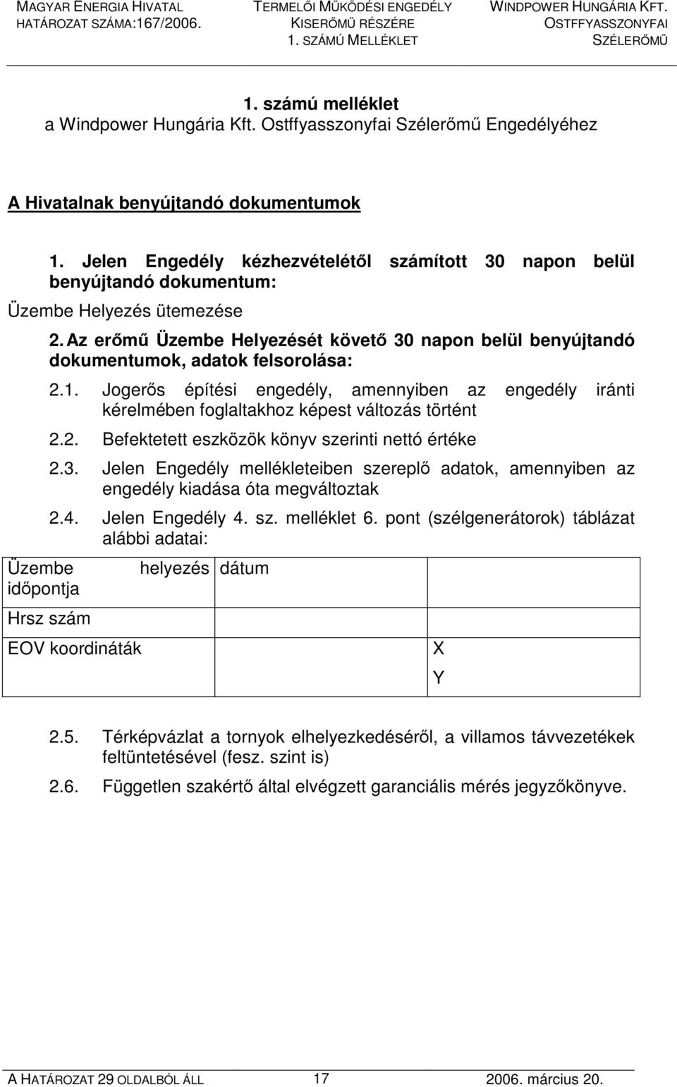 Jelen Engedély kézhezvételétıl számított 30 napon belül benyújtandó dokumentum: Üzembe Helyezés ütemezése Üzembe idıpontja 2.