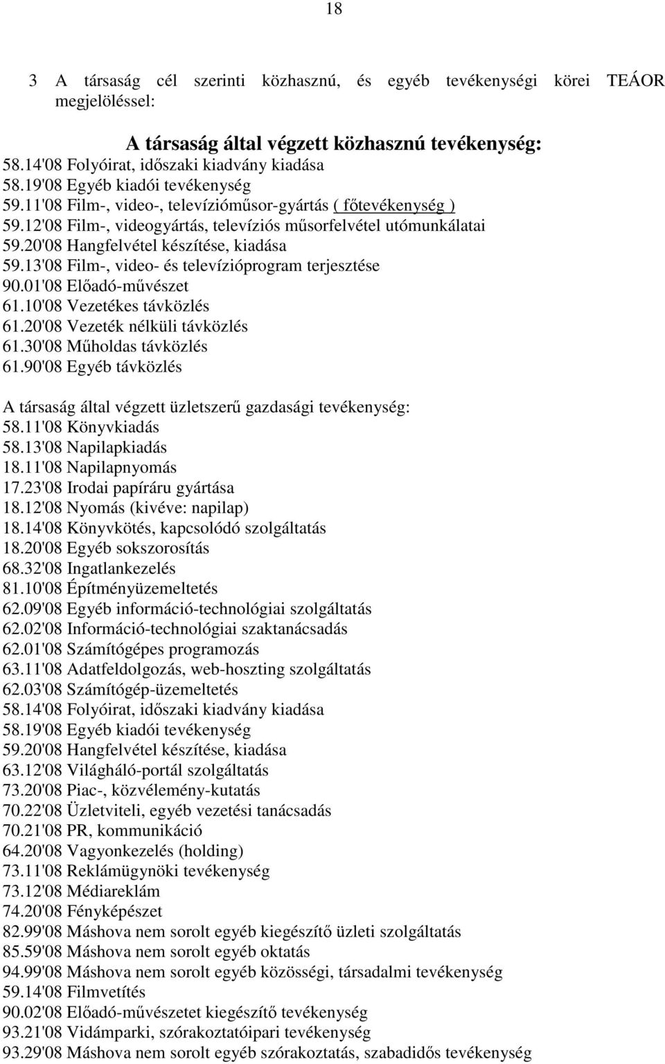 20'08 Hangfelvétel készítése, kiadása 59.13'08 Film-, video- és televízióprogram terjesztése 90.01'08 Előadó-művészet 61.10'08 Vezetékes távközlés 61.20'08 Vezeték nélküli távközlés 61.