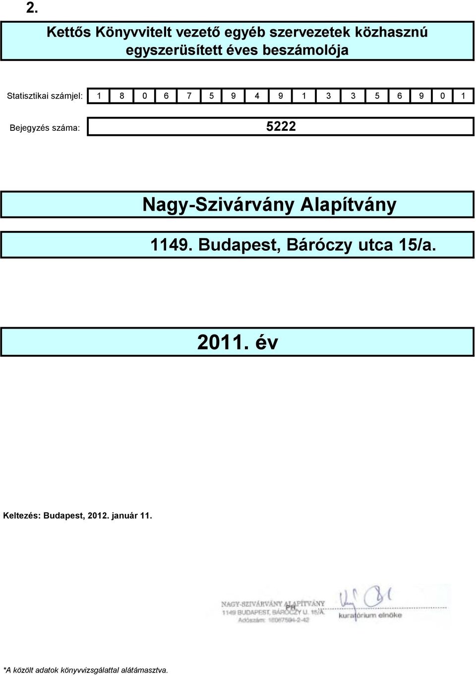 1 Bejegyzés száma: 5222 Nagy-Szivárvány Alapítvány 2011.