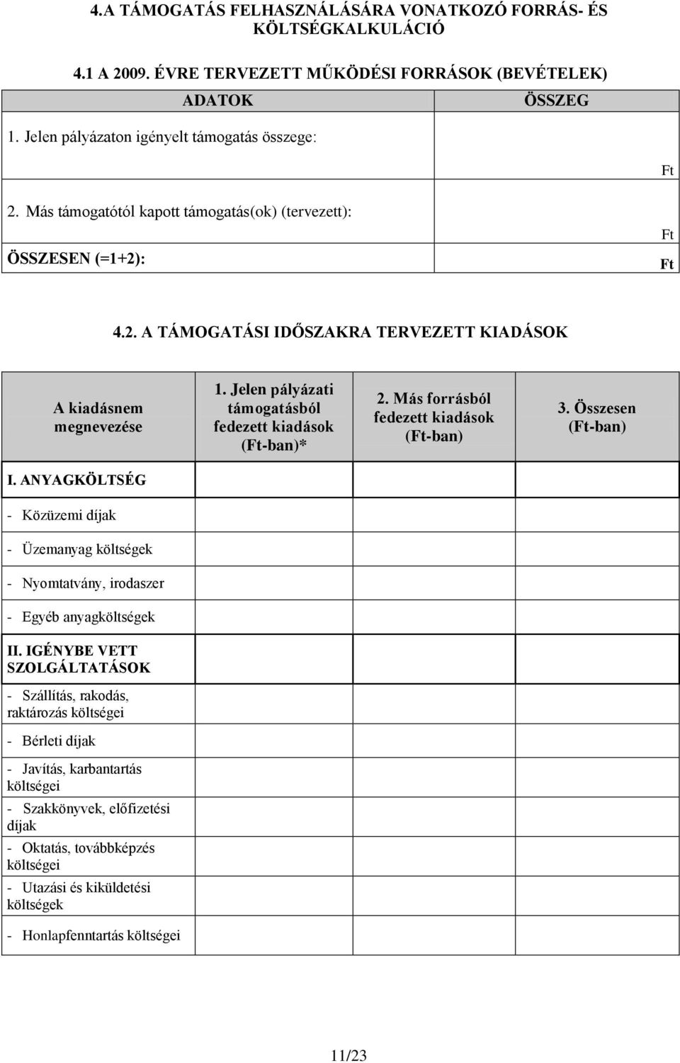 Jelen pályázati támogatásból fedezett kiadások (Ft-ban)* 2. Más forrásból fedezett kiadások (Ft-ban) 3. Összesen (Ft-ban) I.