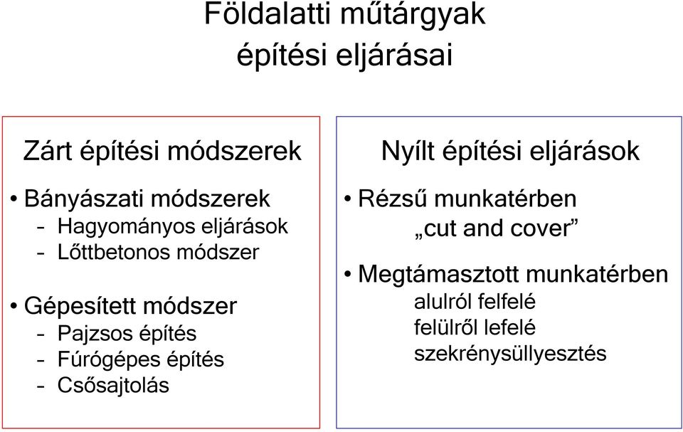 építés Fúrógépes építés Csősajtolás Nyílt építési eljárások Rézsű munkatérben