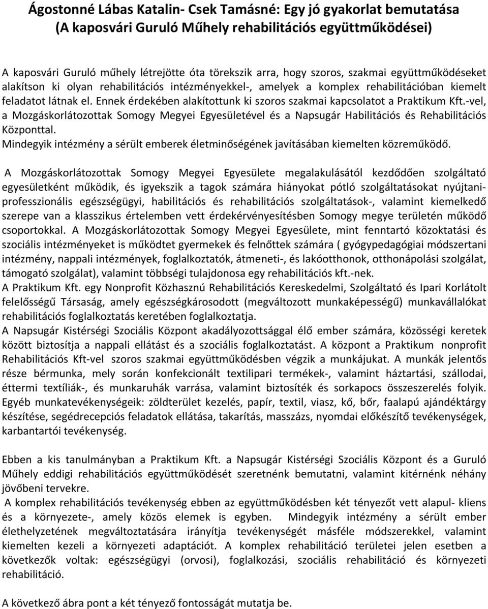 Ennek érdekében alakítottunk ki szoros szakmai kapcsolatot a Praktikum Kft.-vel, a Mozgáskorlátozottak Somogy Megyei Egyesületével és a Napsugár Habilitációs és Rehabilitációs Központtal.