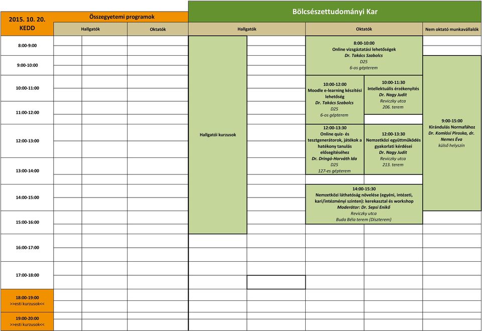 Takács Szabolcs 6-os gépterem 12:00-13:30 Online quiz- és tesztgenerátorok, játékok a hatékony tanulás elősegítéséhez Dr. Dringó-Horváth Ida 127-es gépterem Intellektuális érzékenyítés Dr.