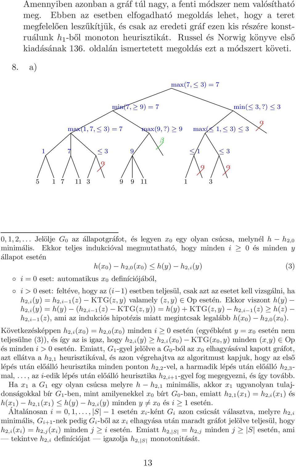 Russel és Norwig könyve első kiadásának 136. oldalán ismertetett megoldás ezt a módszert követi. 8. a) max(7, 3) = 7 min(7, 9) = 7 min( 3,?) 3 max(1, 7, 3) = 7 1 7 3 α max(9,?