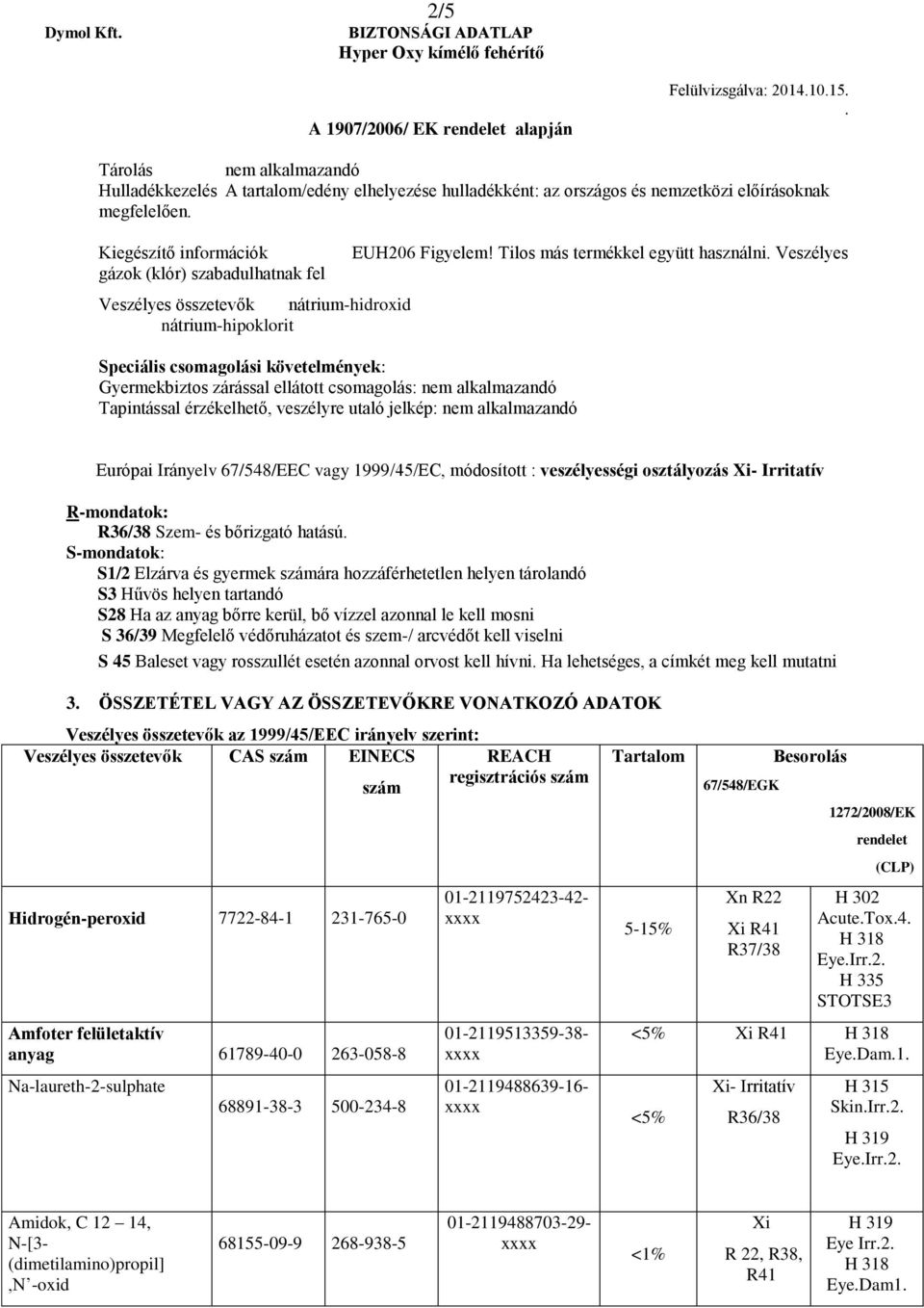 érzékelhető, veszélyre utaló jelkép: nem alkalmazandó EUH206 Figyelem!