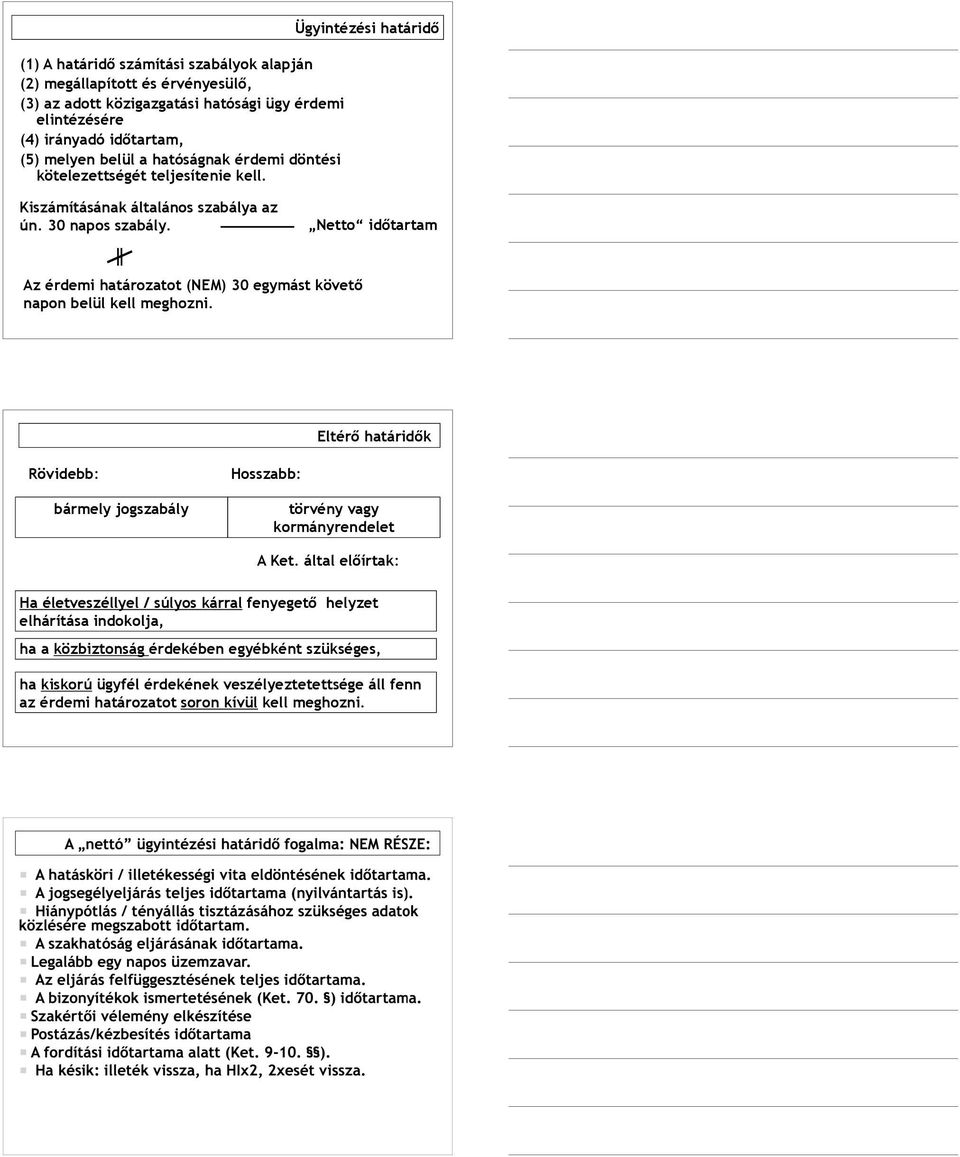 Netto időtartam Az érdemi határozatot (NEM) 30 egymást követő napon belül kell meghozni. Eltérő határidők Rövidebb: bármely jogszabály Hosszabb: törvény vagy kormányrendelet A Ket.