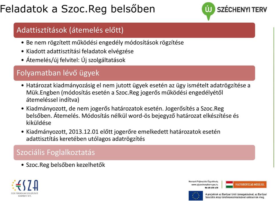 szolgáltatások Folyamatban lévő ügyek Határozat kiadmányozásig el nem jutott ügyek esetén az ügy ismételt adatrögzítése a Mük.Engben (módosítás esetén a Szoc.