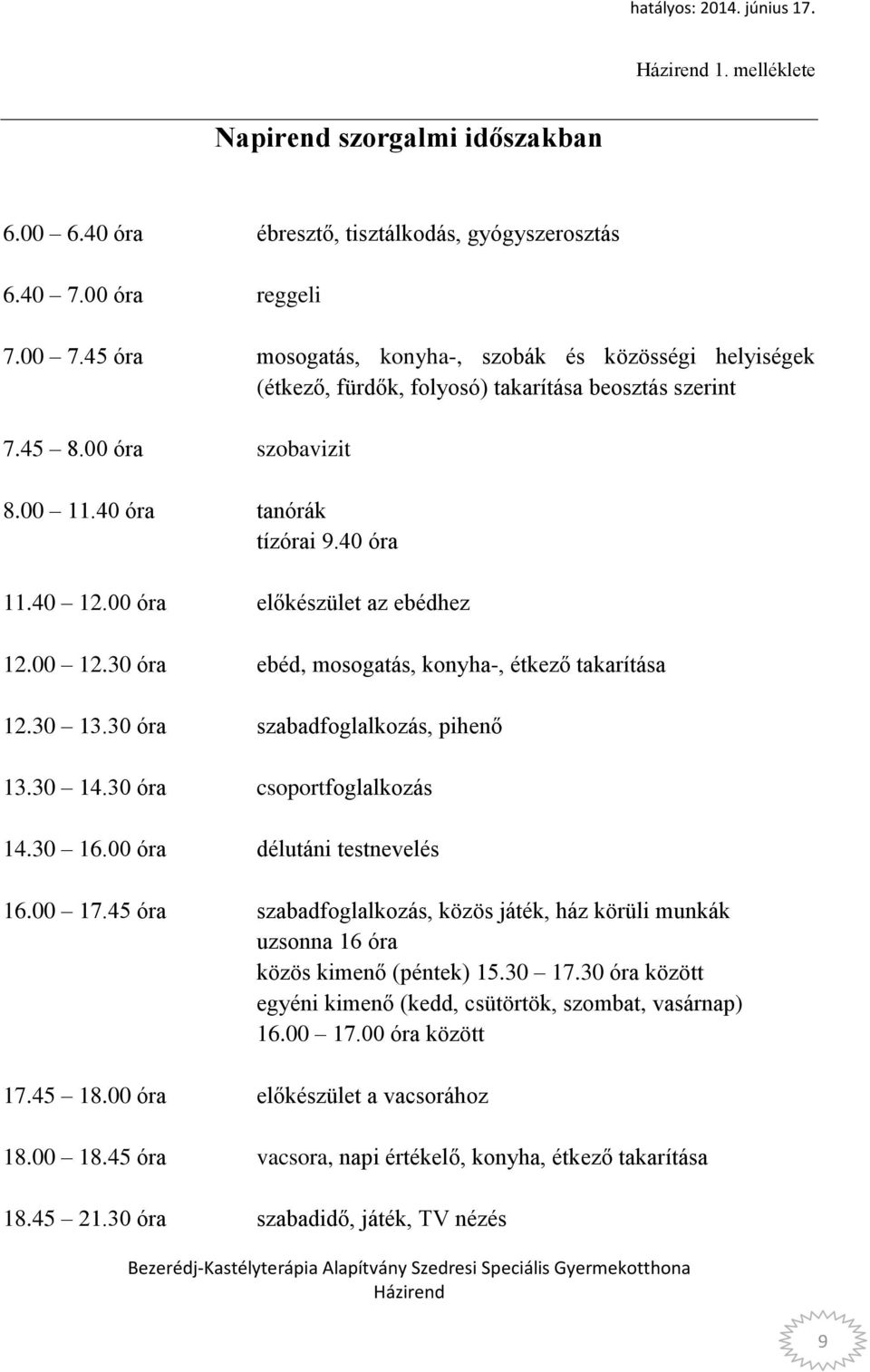 00 óra előkészület az ebédhez 12.00 12.30 óra ebéd, mosogatás, konyha-, étkező takarítása 12.30 13.30 óra szabadfoglalkozás, pihenő 13.30 14.30 óra csoportfoglalkozás 14.30 16.