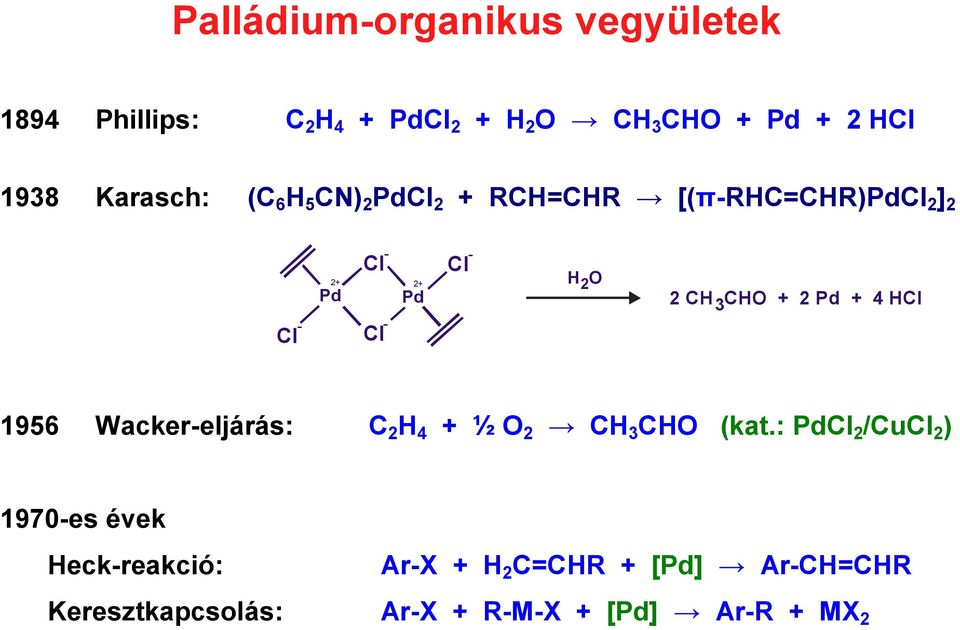 2 CH CHO + 2 Pd + 4 HCl 3 1956 Wacker-eljárás: C 2 H 4 + ½ O 2 CH 3 CHO (kat.