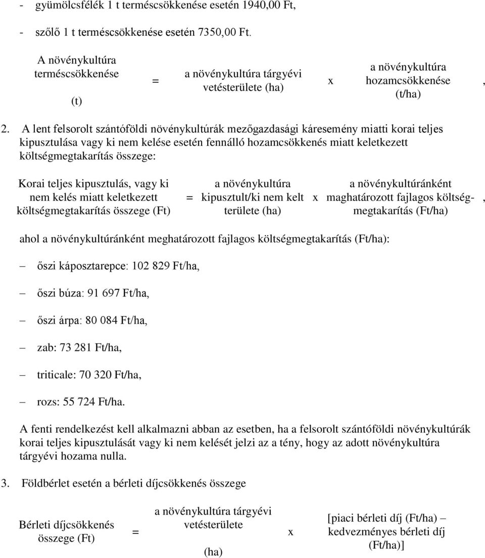 Korai teljes kipusztulás, vagy ki nem kelés miatt keletkezett költségmegtakarítás összege (Ft) kipusztult/ki nem kelt területe (ha) x a növénykultúránként maghatározott fajlagos költségmegtakarítás