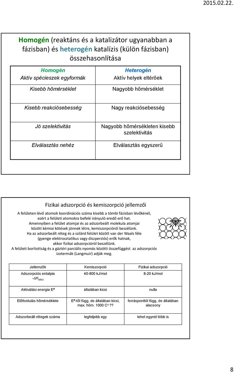 kemiszorpció jellemzői A felületen lévő atomok koordinációs száma kisebb a tömbi fázisban lévőkénél, ezért a felületi atomokra befelé irányuló eredő erő hat.