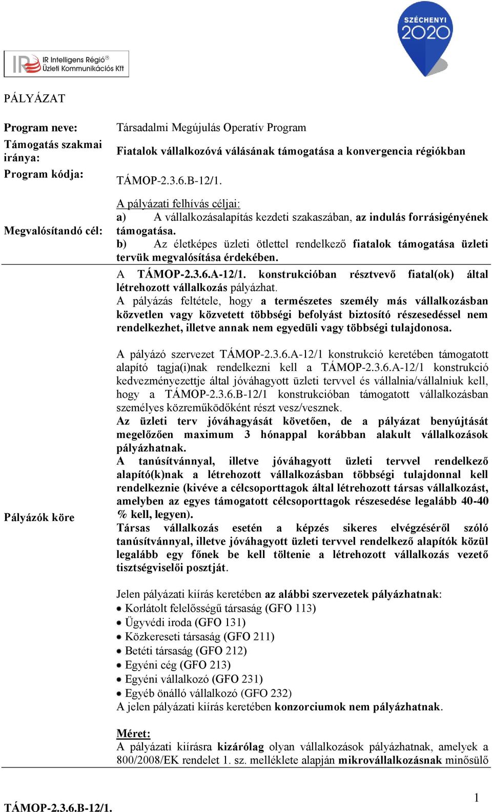 b) Az életképes üzleti ötlettel rendelkező fiatalok támogatása üzleti tervük megvalósítása érdekében. A TÁMOP-2.3.6.A-12/1. konstrukcióban résztvevő fiatal(ok) által létrehozott vállalkozás pályázhat.