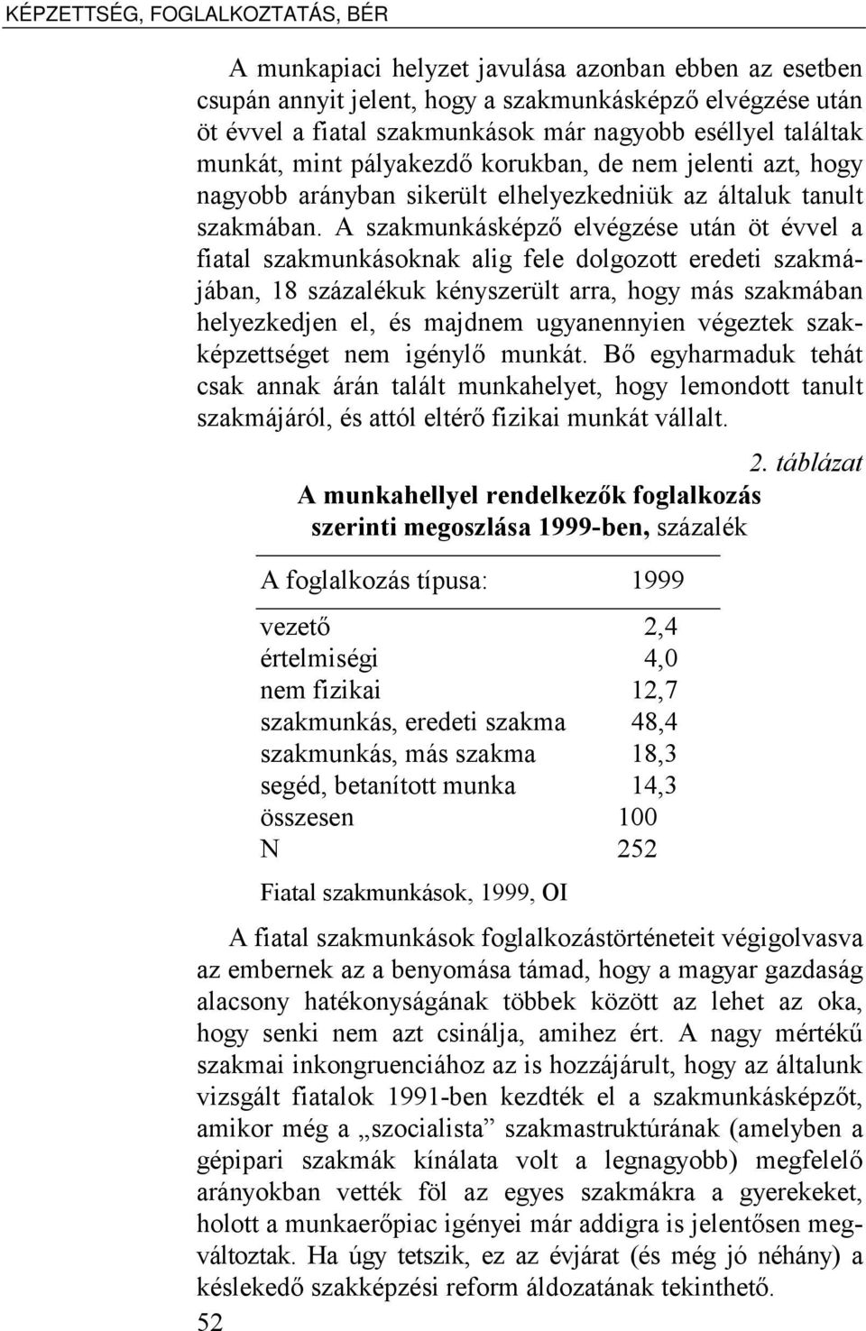 A szakmunkásképző elvégzése után öt évvel a fiatal szakmunkásoknak alig fele dolgozott eredeti szakmájában, 18 százalékuk kényszerült arra, hogy más szakmában helyezkedjen el, és majdnem ugyanennyien