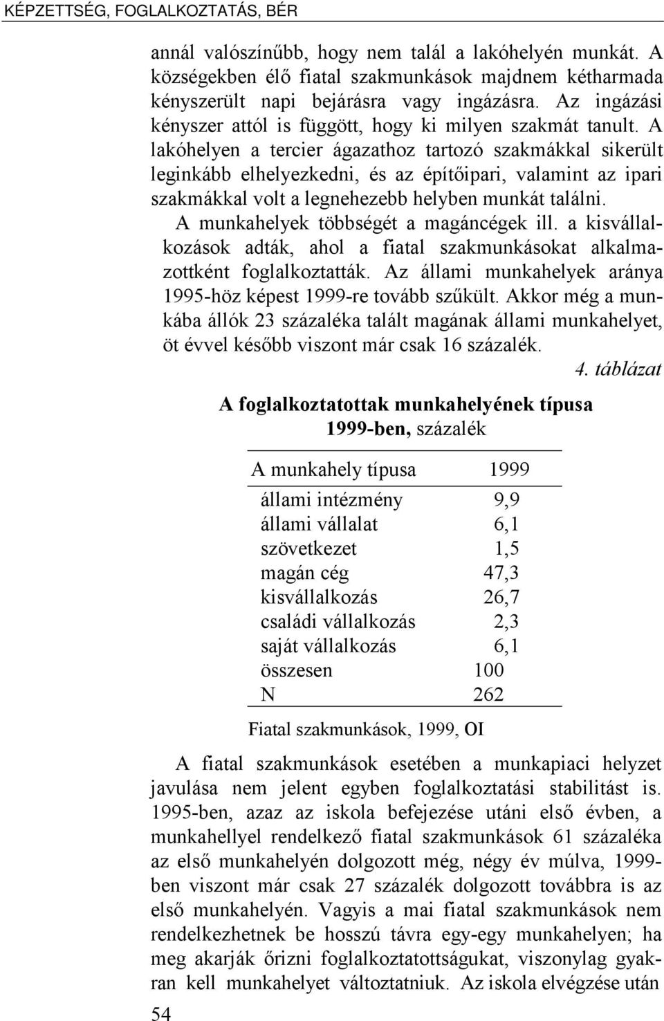 A lakóhelyen a tercier ágazathoz tartozó szakmákkal sikerült leginkább elhelyezkedni, és az építőipari, valamint az ipari szakmákkal volt a legnehezebb helyben munkát találni.