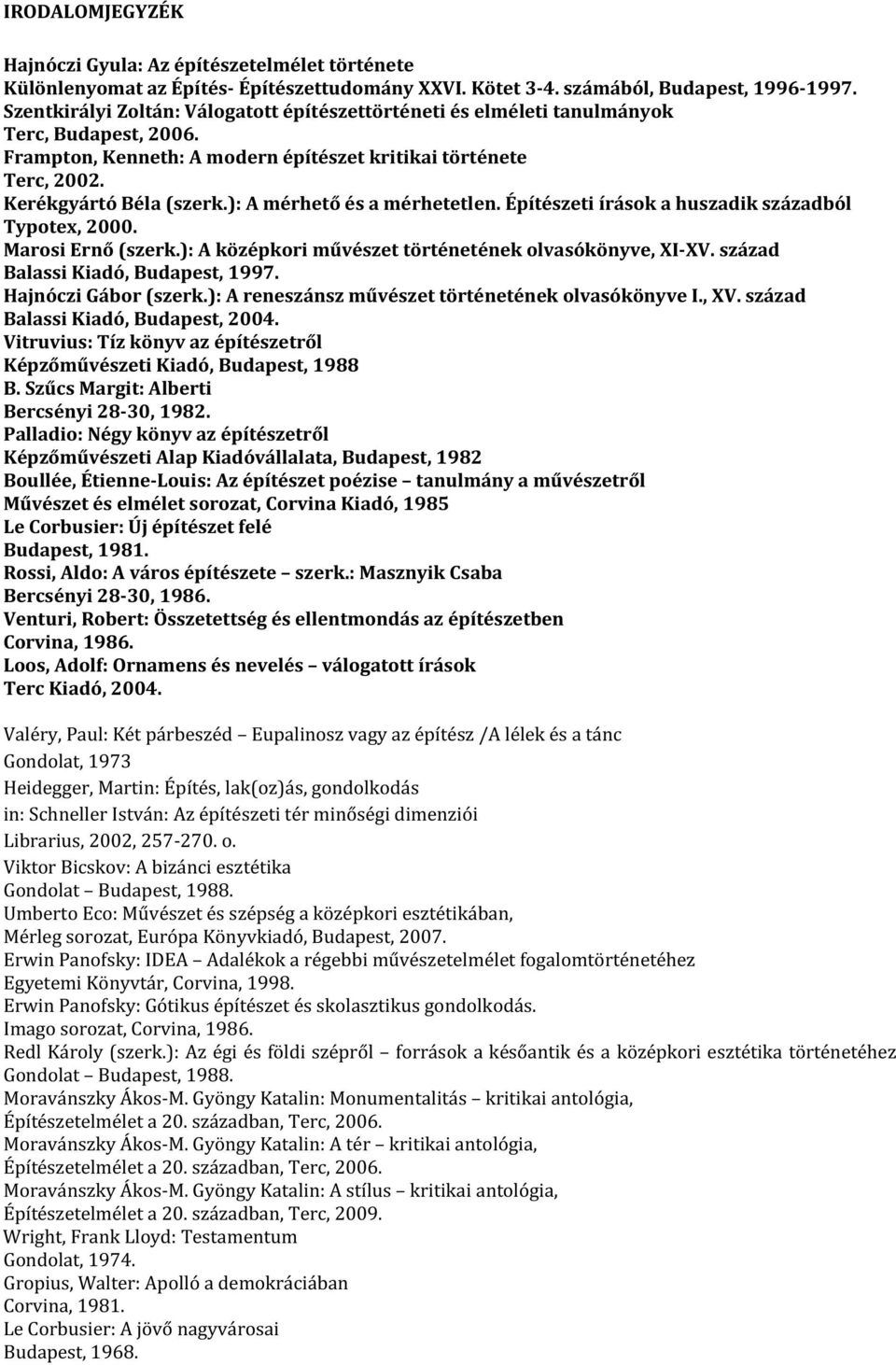 ): A mérhető és a mérhetetlen. Építészeti írások a huszadik századból Typotex, 2000. Marosi Ernő (szerk.): A középkori művészet történetének olvasókönyve, XI-XV. század Balassi Kiadó, Budapest, 1997.