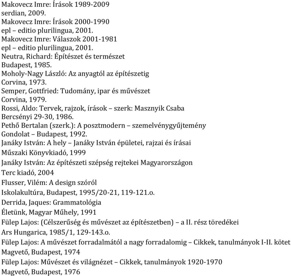 Rossi, Aldo: Tervek, rajzok, írások szerk: Masznyik Csaba Bercsényi 29-30, 1986. Pethő Bertalan (szerk.): A posztmodern szemelvénygyűjtemény Gondolat Budapest, 1992.