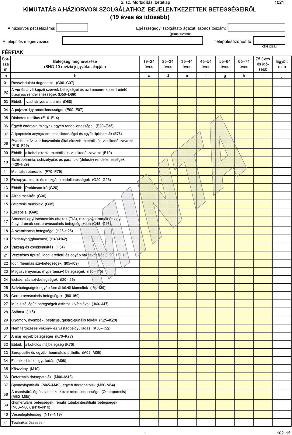 megnevezése: FÉRFIAK 75 és idősebb Sorszá m Betegség megnevezése (BNO-1 revízió jegyzéke lpján) : 19 24 25 34 35 44 45 54 1 b Rosszindultú dgntok (C C97) c d e f g 2 A vér és vérképző szervek