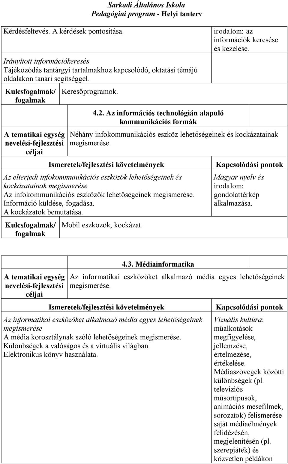 Néhány infokommunikációs eszköz lehetőségeinek és kockázatainak megismerése.