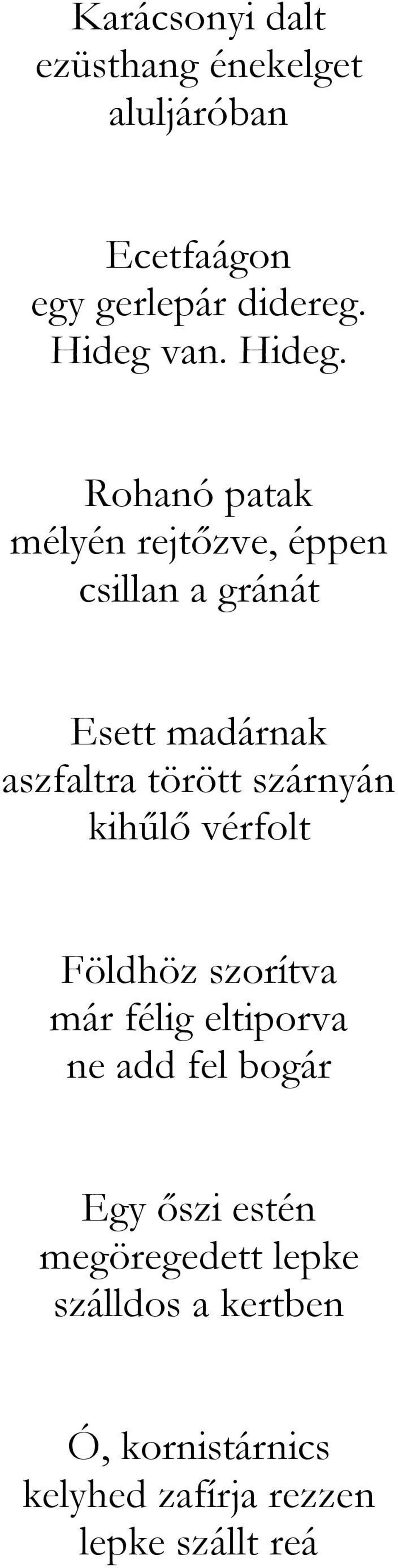 Rohanó patak mélyén rejtőzve, éppen csillan a gránát Esett madárnak aszfaltra törött