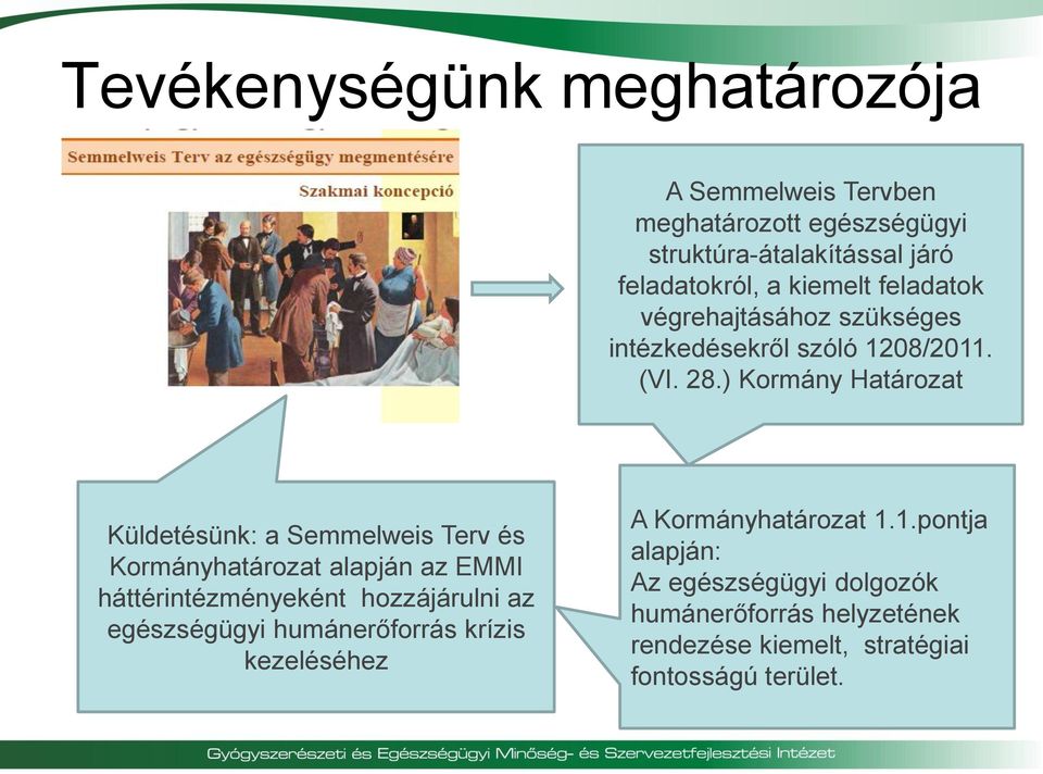 ) Kormány Határozat Küldetésünk: a Semmelweis Terv és Kormányhatározat alapján az EMMI háttérintézményeként hozzájárulni az